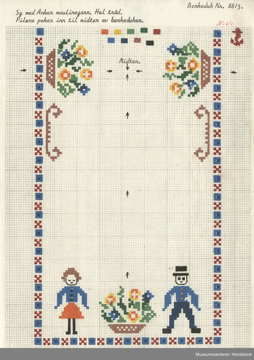Trykt mønsterark i A4-format til brodert tekstil.