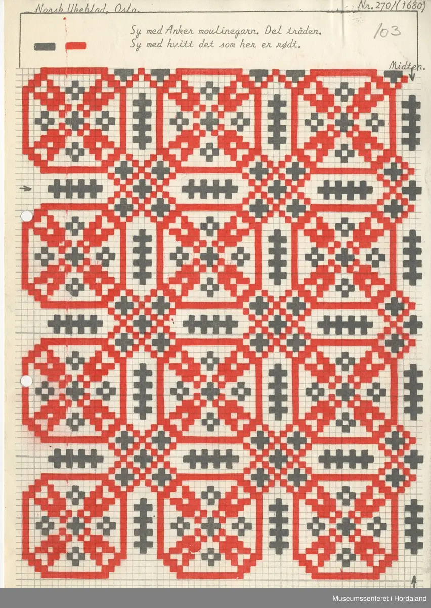 Trykt mønsterark i A4-format til brodert tekstil.