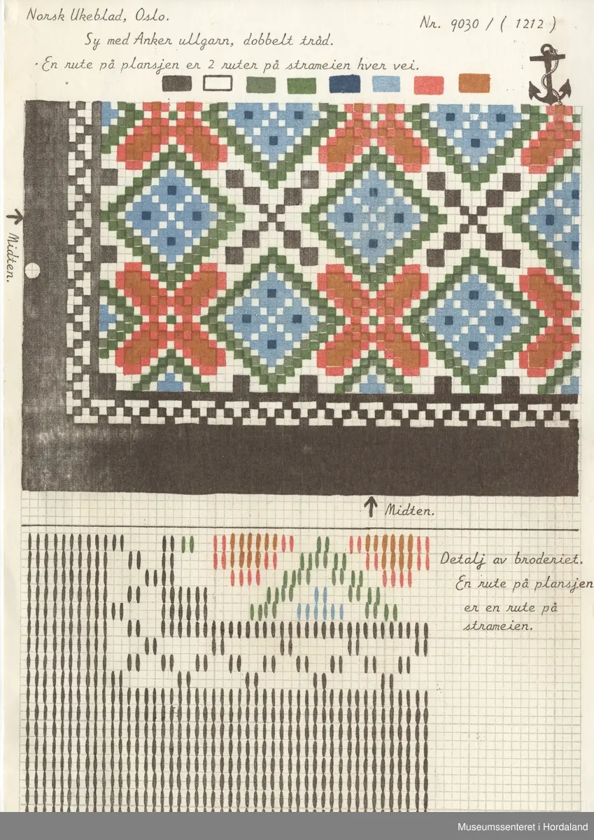 Trykt mønsterark i A4-format til brodert tekstil.