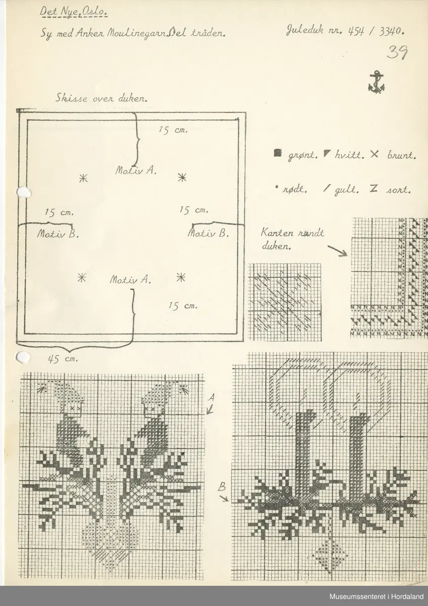 Trykt mønsterark i A4-format til brodert tekstil.