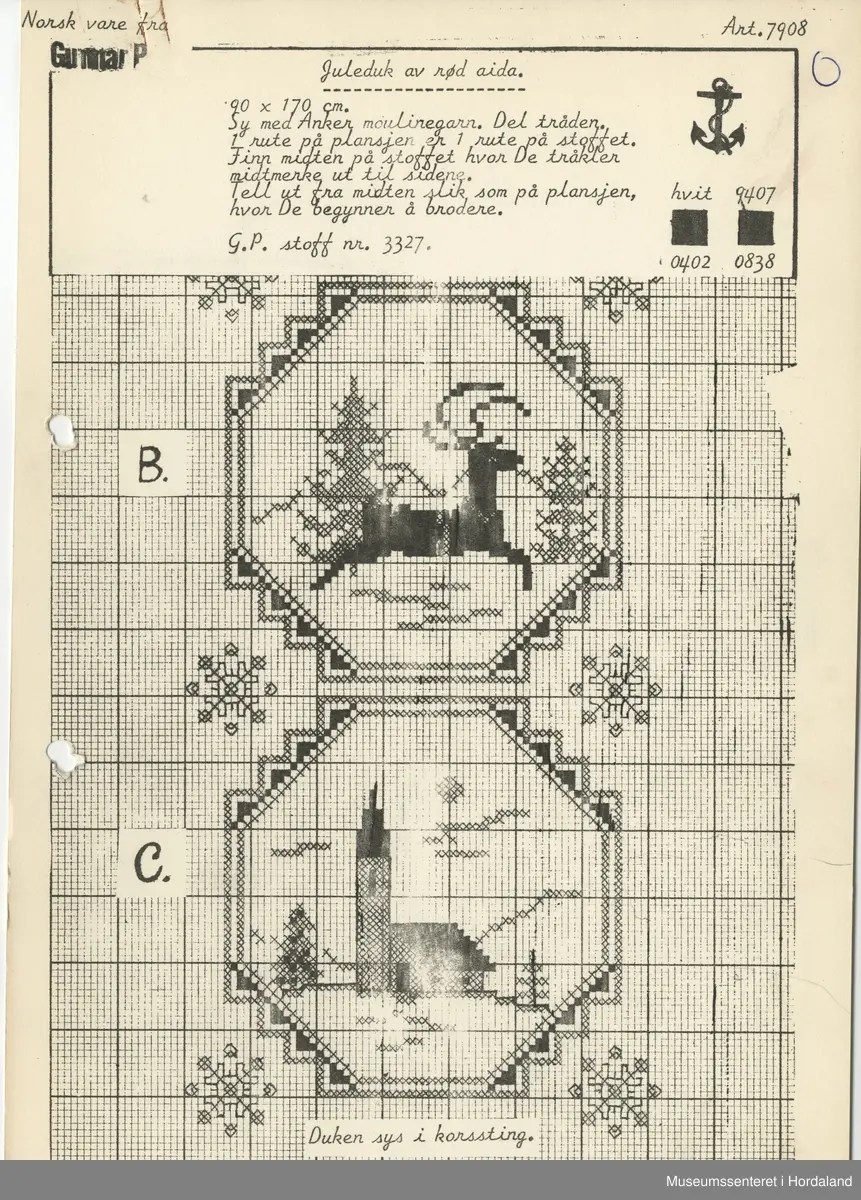 Trykt mønsterark i A4-format til brodert tekstil.