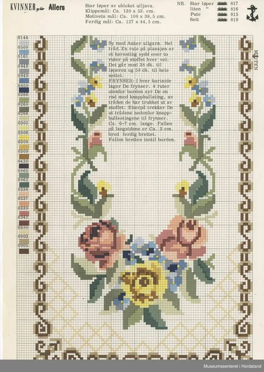 Trykt mønsterark i A4-format til brodert tekstil.