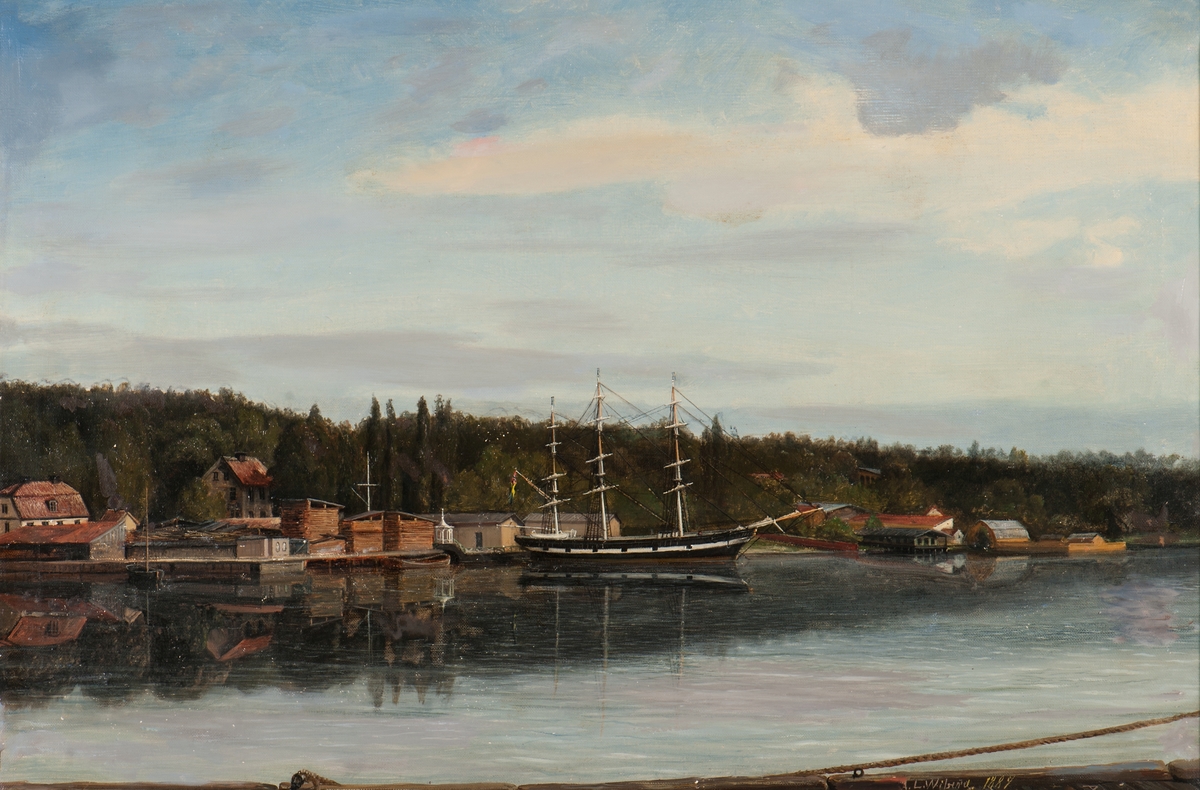 Skolskeppet ABRAHAM RYDBERG förtöjt vid Rydbergska stiftelsens tomt, Alberget på Djurgården. Till vänster Rosenviks varv. I bakgrunden Djurgårdslandet.