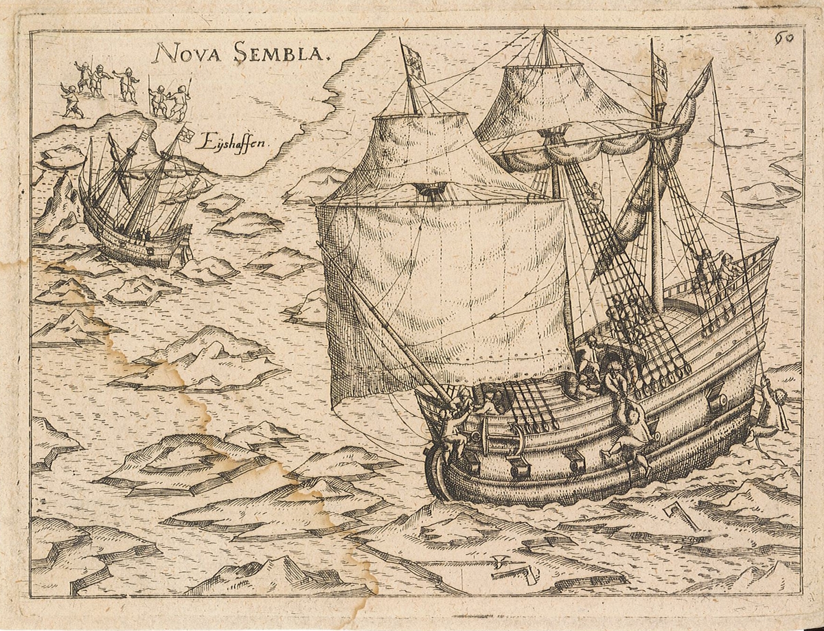 Räddning av skeppsbrutna utanför Novaja Semlja under Barents resa 1597.

De skeppsbrutna plockas upp från isflak av segelfartyg. I bakgrunden syns strandat fartyg samt fler män på land som är markerat som Nova Sembla.