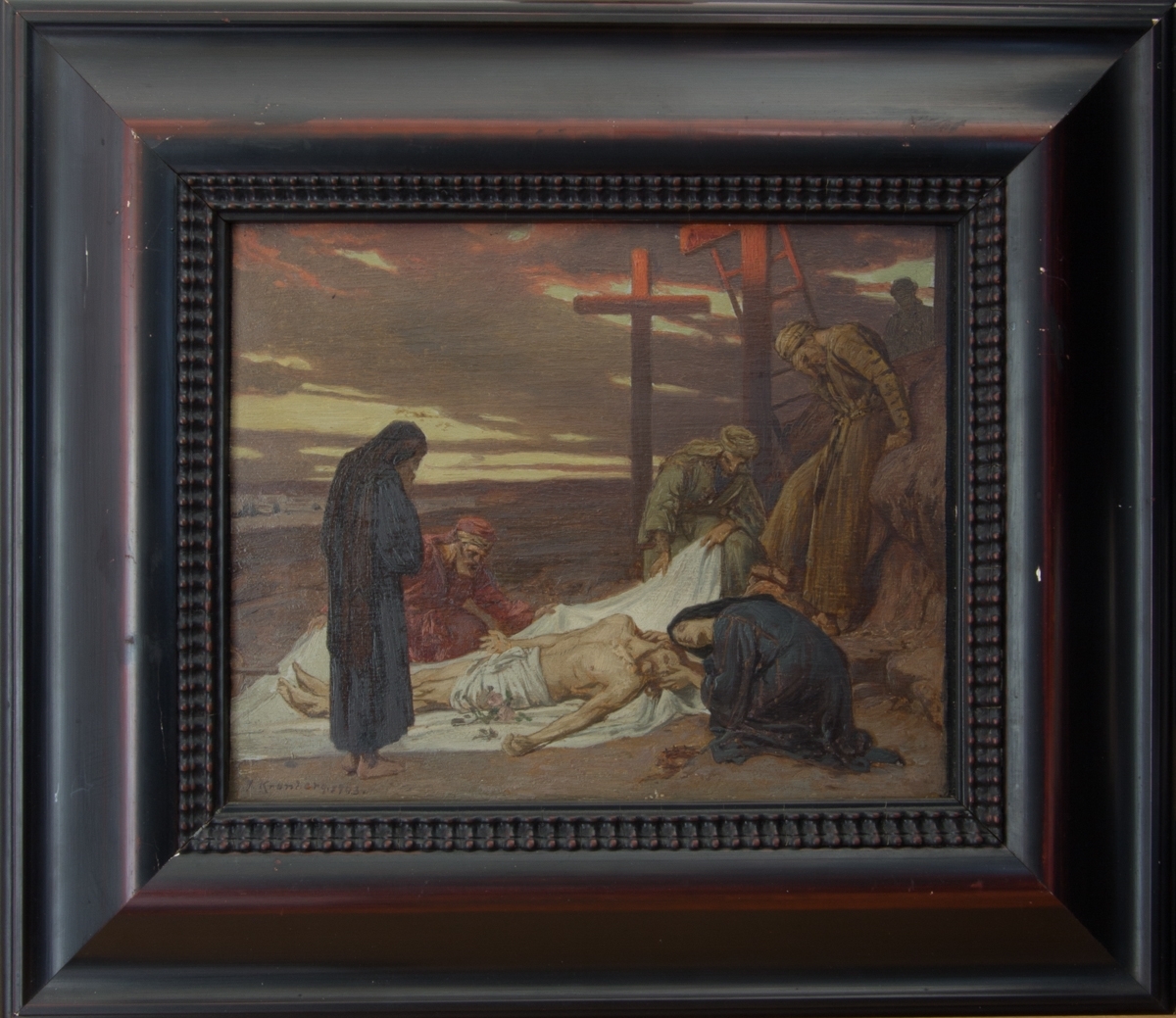Sörjande vid Jesu döda kropp, efter det att hans kropp tagits ner från korset.