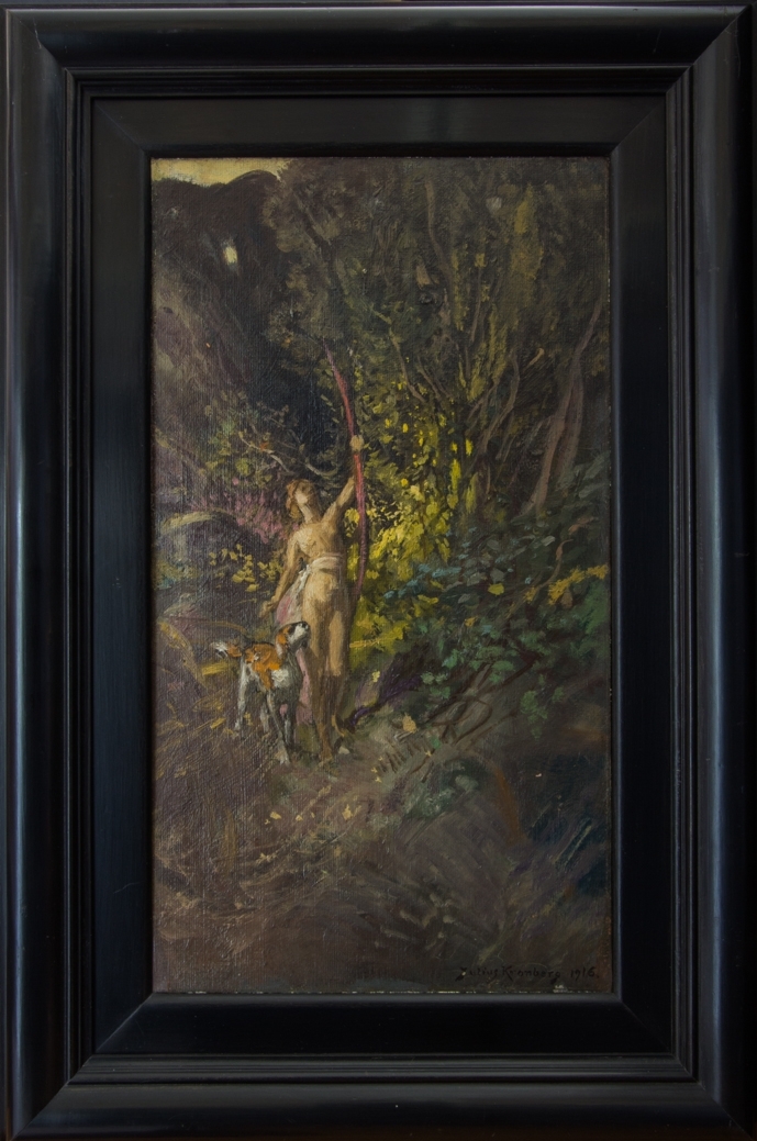 Diana på jakt med pilbåge och jakthund.