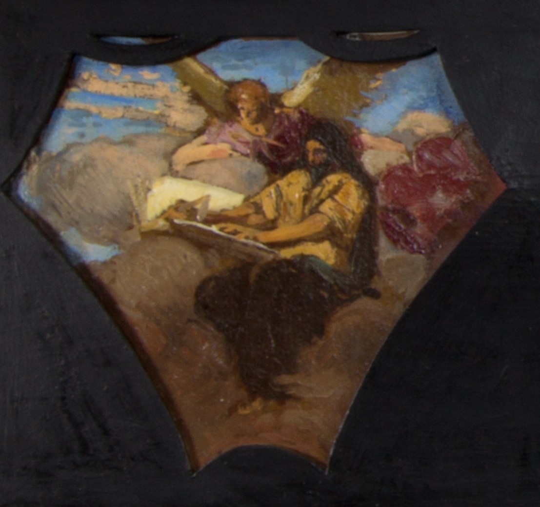 De fyra evangelisterna, från vänster till höger:Matteus med ängel, Markus med lejon, Lukas med oxe och Johannes med örn infattade i fyra olika bildfält. Skissartat utförande.