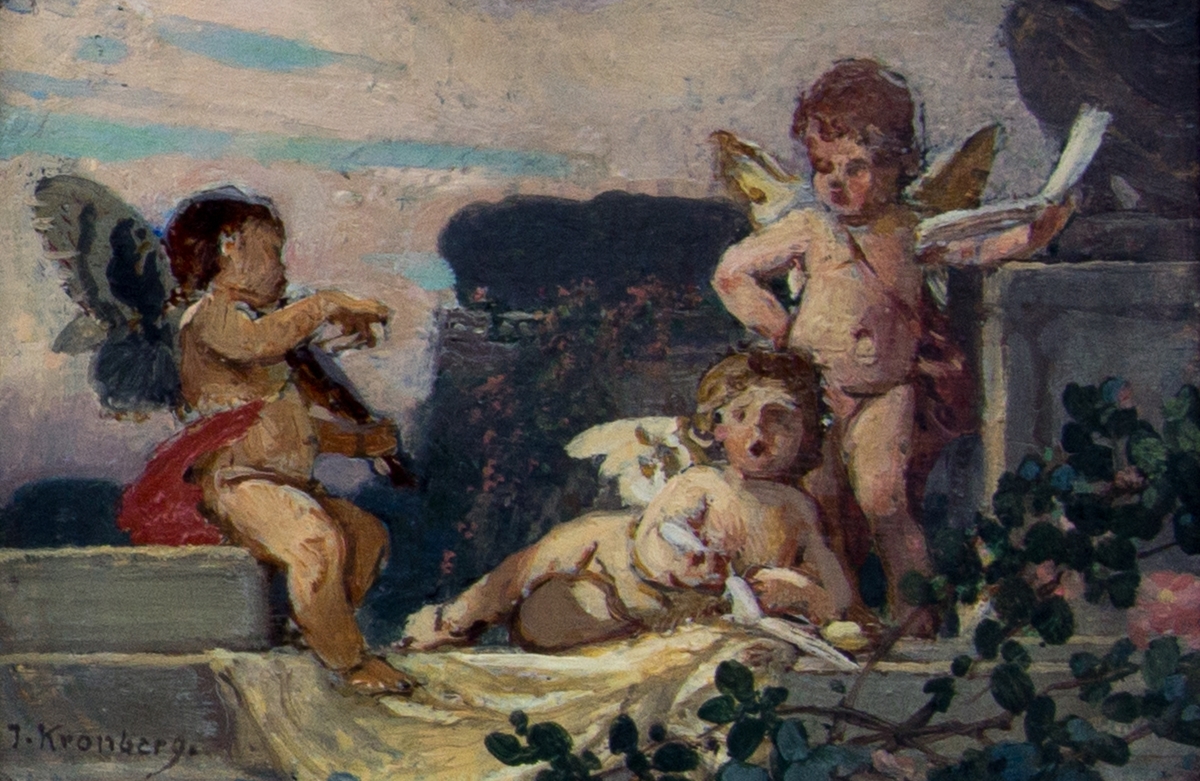 Tre skisser, från vänster till höger:En putto spelar tamburin och två sittande putto sjunger med notblad i händerna; två putti på en balustrad, den ena spelar flöjt och den andra ligger på mage och lyssnar; tre musicerande putti på en balustrad, en sittande, en liggande och en stående.