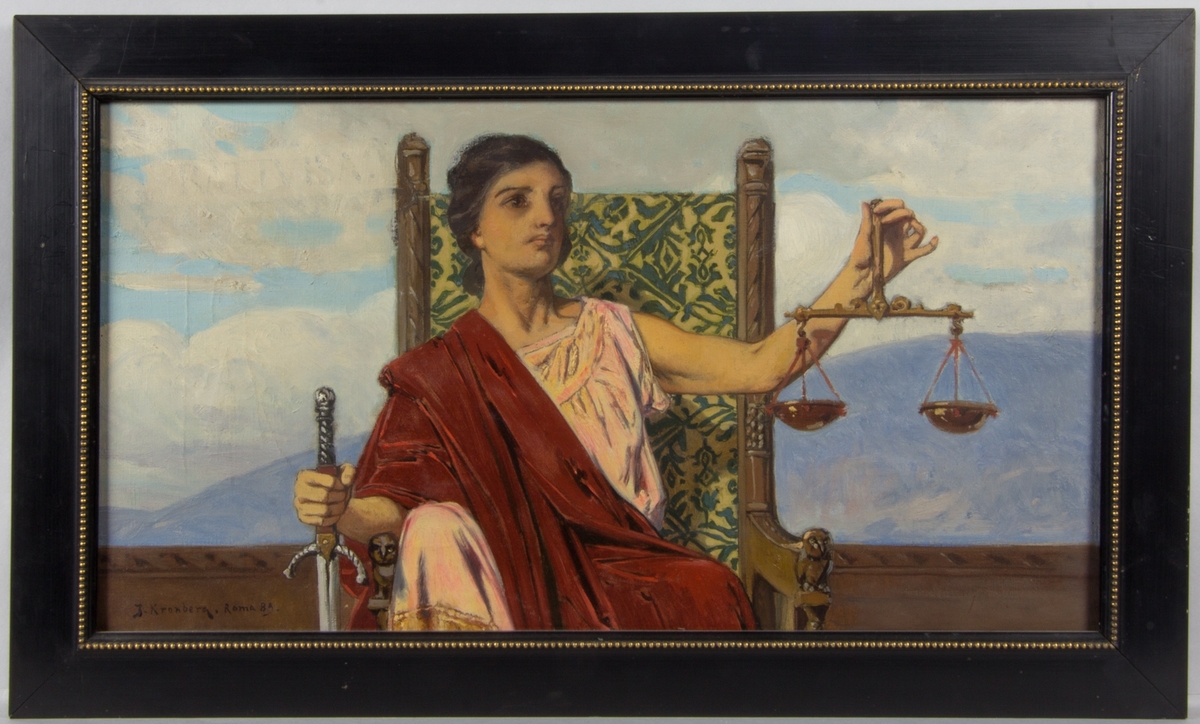 Ung sittande kvinna klädd i rosa klänning med en röd mantel över ena axeln symboliserande rättvisan. Hon sitter i högryggad stol. I högra handen håller hon en vågbalk med två vågskålar. I den andra håller hon ett delvis synligt svärd. I bakgrunden berg och molnformationer.