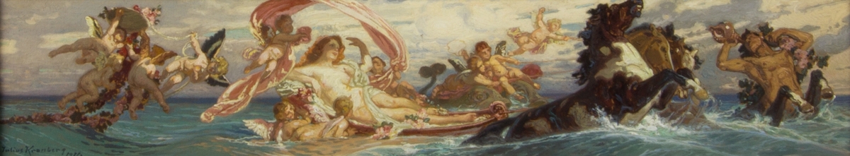 Venus sitter i en båt dragen av frustande hästar. Hon är omgiven av flera grupper av amoriner som bland annat håller i blomstergirlanger. Längst till höger en snäckblåsande triton.