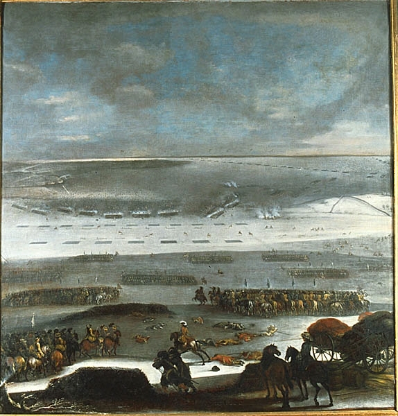 Vinterbild. I förgrunden till vänster svenskt rytteri, i mitten ett par ryttare och fallna soldater, till höger en trossvagn. Slagfältet framställt i fågelperspektiv. Nederst synes svenska kavallerifyrkanter tåga fram. Längre bort schematiskt återgivna truppförband. I bakgrunden is och en smal landstrimma vid horisonten. Blå molnig himmel.