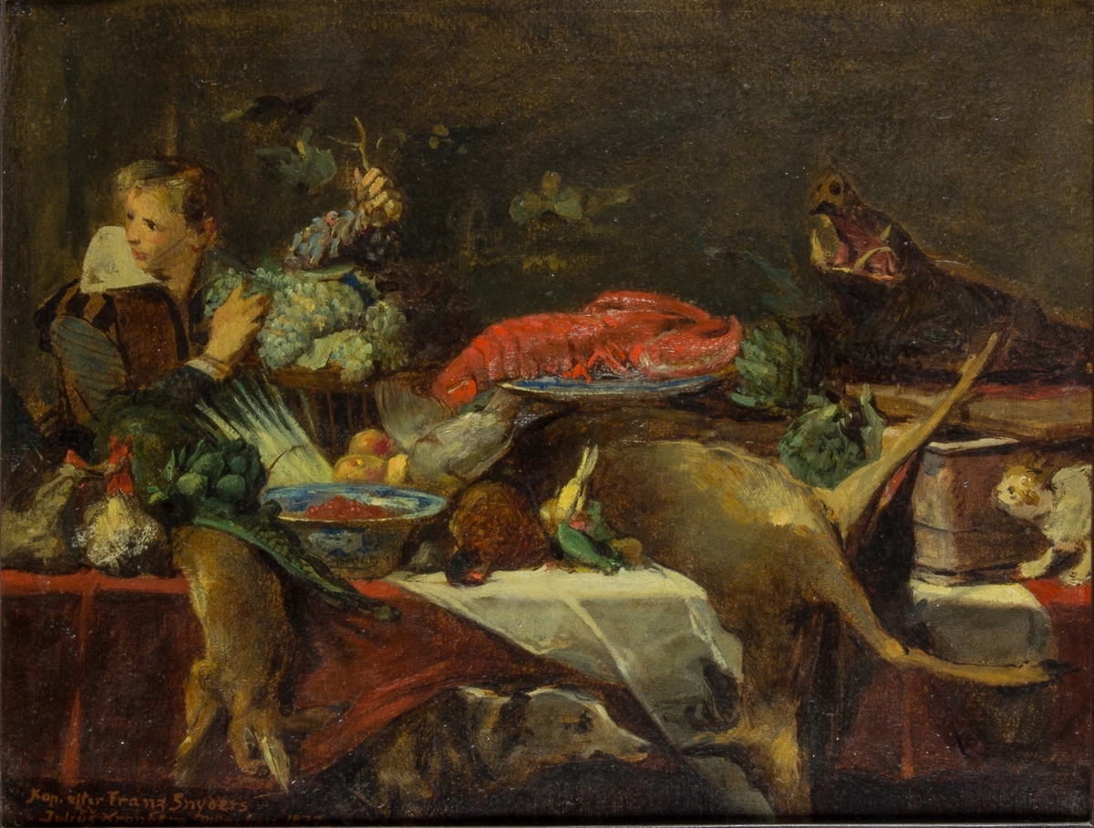 Stilleben, interiör, med en ung man som håller i vindruvsklasar. På borden en mångfald av grönsaker och döda djur som rådjur, vildsvin, hare, fasan med flera. I centrum en stor röd hummer på ett blått fajansfat. I förgrunden en jakthund och till höger en katt.