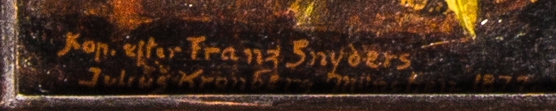 Stilleben, interiör, med en ung man som håller i vindruvsklasar. På borden en mångfald av grönsaker och döda djur som rådjur, vildsvin, hare, fasan med flera. I centrum en stor röd hummer på ett blått fajansfat. I förgrunden en jakthund och till höger en katt.