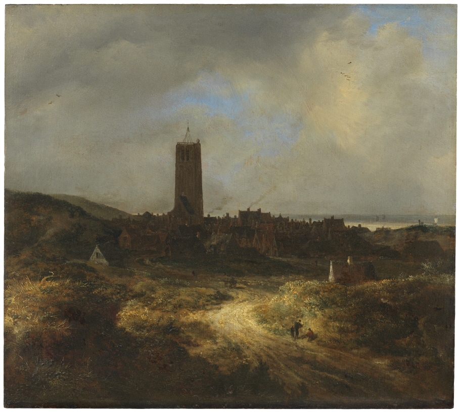 Landskapsmotiv efterfrågades av det konstintresserade borgerskapet i 1600-talets Holland. Jakob Isaackszoon van Ruisdael blev en av de mest framgångsrika på området. I den här vyn över staden Egmont har han ägnat sig åt ett avancerat ljus- och skuggspel. Staden ligger i skugga under molnen, men anstränger man blicken framträder den ändå i sin detaljrikedom. Ljuset i målningen är koncentrerat till ett litet område i förgrunden, som för att uppmärksamma oss på figurerna i vägkanten.