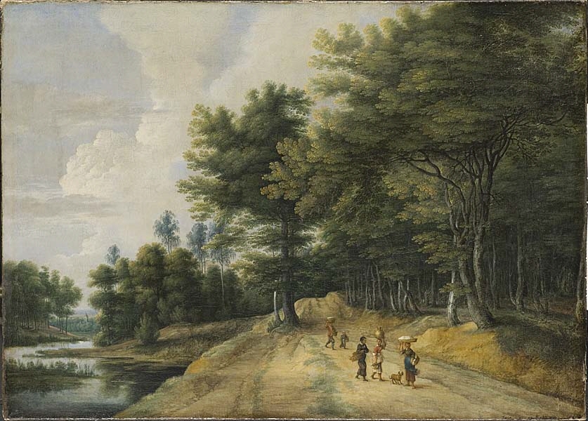 Landskap med väg vid kanten av en bokskog