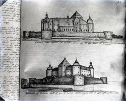 Övre bild: "Calmare slotts utseende åt nordostra sidan eller