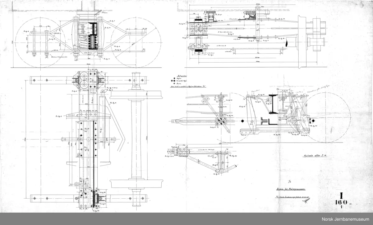 Bogie-malmgrusvogne for Dunderland Iron Ore Company

I160-1 Bogie
I160-2 Understilling
I160-3 Bufferarrangement
I160-4 Vognkasse
I160-4A Vognkasse
I160-5 Lukestengsel
I160-6 Bræmseanordning