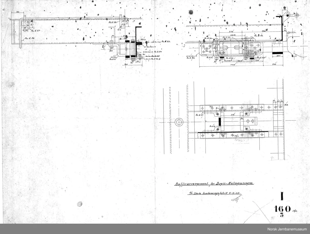 Bogie-malmgrusvogne for Dunderland Iron Ore Company

I160-1 Bogie
I160-2 Understilling
I160-3 Bufferarrangement
I160-4 Vognkasse
I160-4A Vognkasse
I160-5 Lukestengsel
I160-6 Bræmseanordning