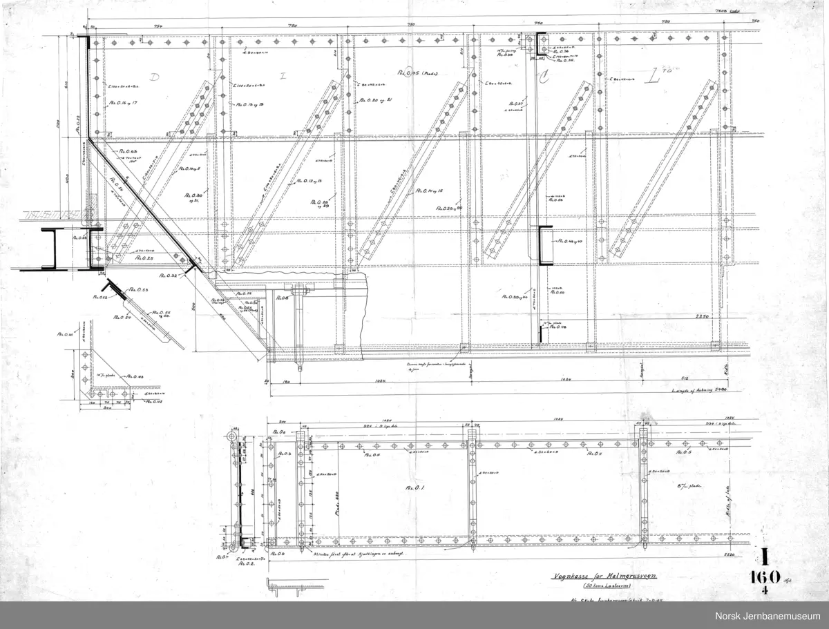 Bogie-malmgrusvogne for Dunderland Iron Ore Company

I160-1 Bogie
I160-2 Understilling
I160-3 Bufferarrangement
I160-4 Vognkasse
I160-4A Vognkasse
I160-5 Lukestengsel
I160-6 Bræmseanordning
