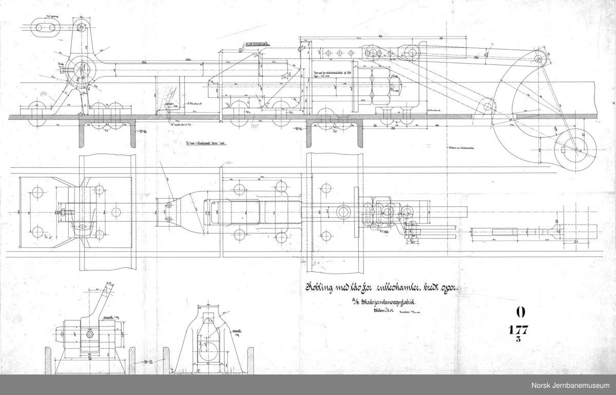 Rulleskammel for transport av smalsporete vogner på bredt spor (tegn. forandret 02.11.1909)

O177-1 Hovedtegning
O177-2 Akselboks
O177-3 Kobling med lås
O177-4 Hjulklemmneskrue
O177-5 Stoppesko og svingcenter
O177-6 Hjulsats