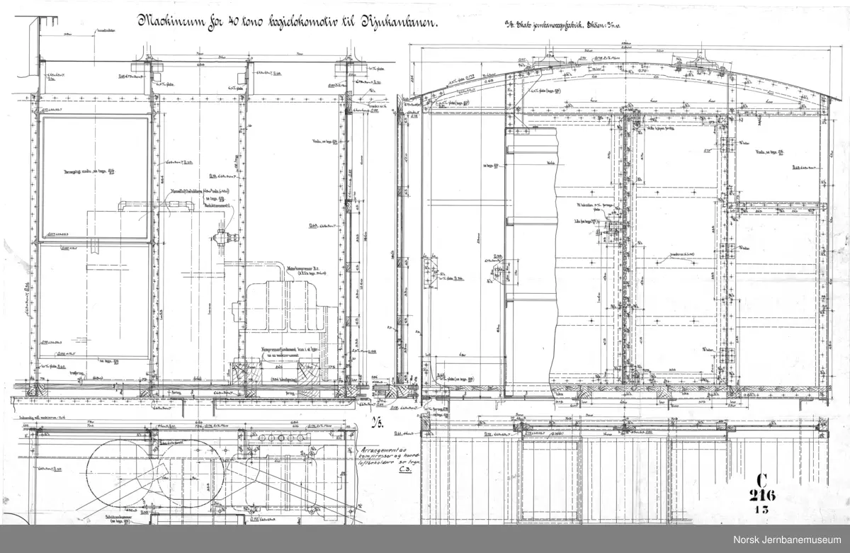 44 tons boggilokomotiv for Rjukanbanen

C216-1A - Hovedtegning
C216-07 Grundplan av huset
C216-11 Transformatorkammer
C216-12 Understilling
C216-13 Maskinrom
C216-15 Hjulsats
C216-18 Førerrom
C216-19 Utvendig riss
C216-24 Boggie
C216-26 Bremseskjema
C216-27 Rørledninger for bremse og strømavtaker

Det finnes i alt 28 tegninger i serien. Alle er scannet.

Det finnes også tegninger i serien C01-C10 som viser endringer på lokene 7-8 i forhold til første leveranse.
