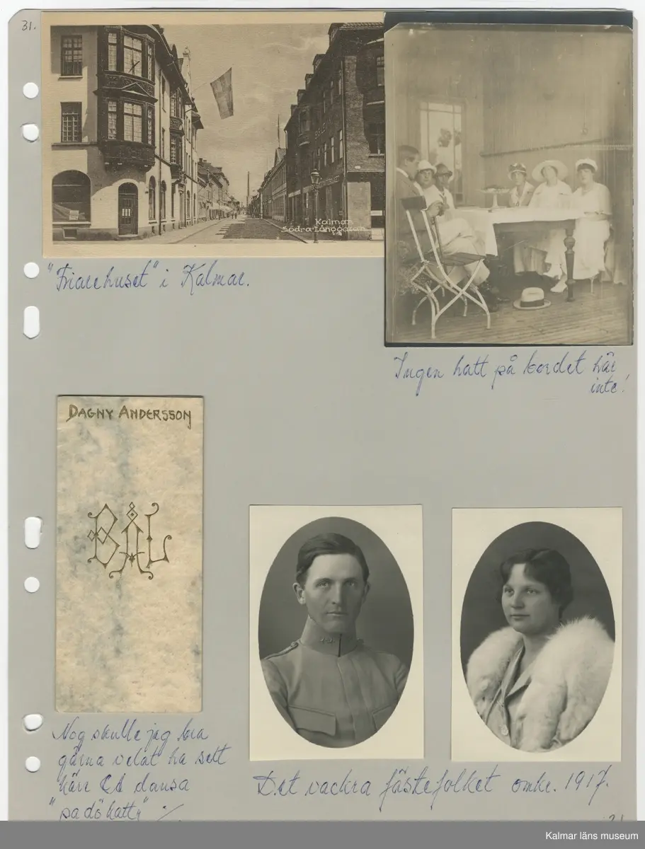 KLM 44702. Fotoalbum. Album av plast, arken av papper. Albumet är brunt med guldtryck på pärmens framsida. Albumet innehåller fotografier och dokument som handlar om Carl Axel Westberg, född 1894, uppvuxen och verksam i Kalmar. C A Westberg var verksam som militär, ryttmästare och inom Eol-bolaget, bland annat som verkställande direktör och inom ICA-styrelsen som ordförande. C A Westberg räknas som pionjär och uppbyggare av ICA-rörelsen. Albumet har sammanställts av hans livskamrat Hjördis Carlsson.

Varje sida har gett ett undernummer och de sidor som omfattar för länet relevanta bilder eller textmaterial beskrivs i följande förteckning.
:1Länsmansbostället i Förlösa, CA:s födelsehem
CA som liten (fotograf John Nilsson, Kalmar)
Två bilder som båda troligen är från en gård i    Skårebo. 
:2 Två bilder från Skårebo
Två bilder på CA och brodern Nisse, ett med     Kalmar gamla vattentorn i bakgrunden.
:3 Bild från Norra Långgatan Kalmar före rivningarna i kv Kopparslagaren (tomten nr 150), en bild efter rivningarna. En bild från Storgatan.
:4 CA:s studentfoto från 1912, fotograf Herman Sandberg, Kalmar. Högre allmänna läroverket vid Stortorget i Kalmar.
:5 CA:s studentbetyg
:7 Avgångsbetyg från kavalleriets officersvolontärskola 1912-13.
:9 Utnämning till fanjunkare vid Skånska Dragonregementet. 
:11 Avgångsbetyg från kungliga krigsskolan.
:23 Utnämning till Ryttmäster vid skånska Dragonregemnetet.
:25 Utnämnningen till riddare av Kungliga Svärdsorden, första klass.
:27 Utnämningen till riddare av Kungliga Vasaorden, första klass.
:29 Beviljat avsked från beställning som löjtnant och ryttmästare 1944. 
:31 Södra Långatan Kalmar. CA och Dagny med vänner trolgien i Kalmar, Dagnys danskort. Foto på de nyförlovade 1917. 
:32 Inbjudan för Laura Wetberg att delta i brölloppet mellan CA och Dagny, vykort från Kalmar domkyrka.
:33 Program och meny från bröllopet, bröllopsfoto med vänner från Stadshotellet i Kalmar. 
:36 Lindarne i Dörby socken. 
:38 CA och DAgny byggde hus på Akacian 2(eller17) Klostergatan eller Söderportsgatan? Paret bodde aldrig här. Huset finns kvar 2016.
:40 matsedel från jubileum med H A B Adolf Andersson 1930. Foto på kom-snart igen. Östra Sjögatan mot Kavaljersporten.
:41 Skrift från EOL-bolagets bolagsstämma i Kalmar 1956 som berättar om Adolf Anderssons rörelse och kopplingen till EOL-bolaget. 
:43 bilden längst ner från Stagneliusskolans aula.
:47 Historik från ICA-tidningen om CA. 
:55 Information från EOLbolaget om avskedsgåvan, stipendiefond, till CA då han slutade sin tjänst.