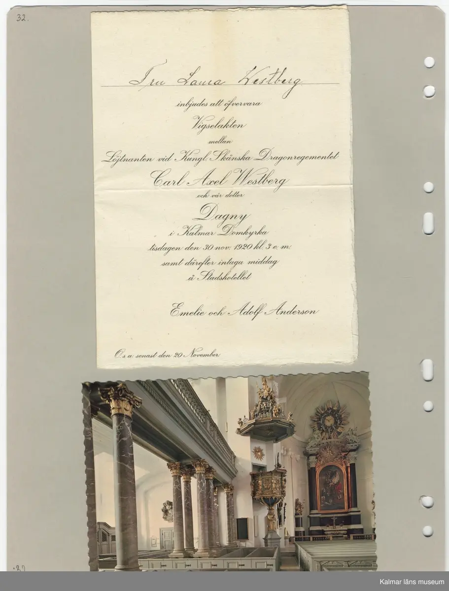 KLM 44702. Fotoalbum. Album av plast, arken av papper. Albumet är brunt med guldtryck på pärmens framsida. Albumet innehåller fotografier och dokument som handlar om Carl Axel Westberg, född 1894, uppvuxen och verksam i Kalmar. C A Westberg var verksam som militär, ryttmästare och inom Eol-bolaget, bland annat som verkställande direktör och inom ICA-styrelsen som ordförande. C A Westberg räknas som pionjär och uppbyggare av ICA-rörelsen. Albumet har sammanställts av hans livskamrat Hjördis Carlsson.

Varje sida har gett ett undernummer och de sidor som omfattar för länet relevanta bilder eller textmaterial beskrivs i följande förteckning.
:1Länsmansbostället i Förlösa, CA:s födelsehem
CA som liten (fotograf John Nilsson, Kalmar)
Två bilder som båda troligen är från en gård i    Skårebo. 
:2 Två bilder från Skårebo
Två bilder på CA och brodern Nisse, ett med     Kalmar gamla vattentorn i bakgrunden.
:3 Bild från Norra Långgatan Kalmar före rivningarna i kv Kopparslagaren (tomten nr 150), en bild efter rivningarna. En bild från Storgatan.
:4 CA:s studentfoto från 1912, fotograf Herman Sandberg, Kalmar. Högre allmänna läroverket vid Stortorget i Kalmar.
:5 CA:s studentbetyg
:7 Avgångsbetyg från kavalleriets officersvolontärskola 1912-13.
:9 Utnämning till fanjunkare vid Skånska Dragonregementet. 
:11 Avgångsbetyg från kungliga krigsskolan.
:23 Utnämning till Ryttmäster vid skånska Dragonregemnetet.
:25 Utnämnningen till riddare av Kungliga Svärdsorden, första klass.
:27 Utnämningen till riddare av Kungliga Vasaorden, första klass.
:29 Beviljat avsked från beställning som löjtnant och ryttmästare 1944. 
:31 Södra Långatan Kalmar. CA och Dagny med vänner trolgien i Kalmar, Dagnys danskort. Foto på de nyförlovade 1917. 
:32 Inbjudan för Laura Wetberg att delta i brölloppet mellan CA och Dagny, vykort från Kalmar domkyrka.
:33 Program och meny från bröllopet, bröllopsfoto med vänner från Stadshotellet i Kalmar. 
:36 Lindarne i Dörby socken. 
:38 CA och DAgny byggde hus på Akacian 2(eller17) Klostergatan eller Söderportsgatan? Paret bodde aldrig här. Huset finns kvar 2016.
:40 matsedel från jubileum med H A B Adolf Andersson 1930. Foto på kom-snart igen. Östra Sjögatan mot Kavaljersporten.
:41 Skrift från EOL-bolagets bolagsstämma i Kalmar 1956 som berättar om Adolf Anderssons rörelse och kopplingen till EOL-bolaget. 
:43 bilden längst ner från Stagneliusskolans aula.
:47 Historik från ICA-tidningen om CA. 
:55 Information från EOLbolaget om avskedsgåvan, stipendiefond, till CA då han slutade sin tjänst.