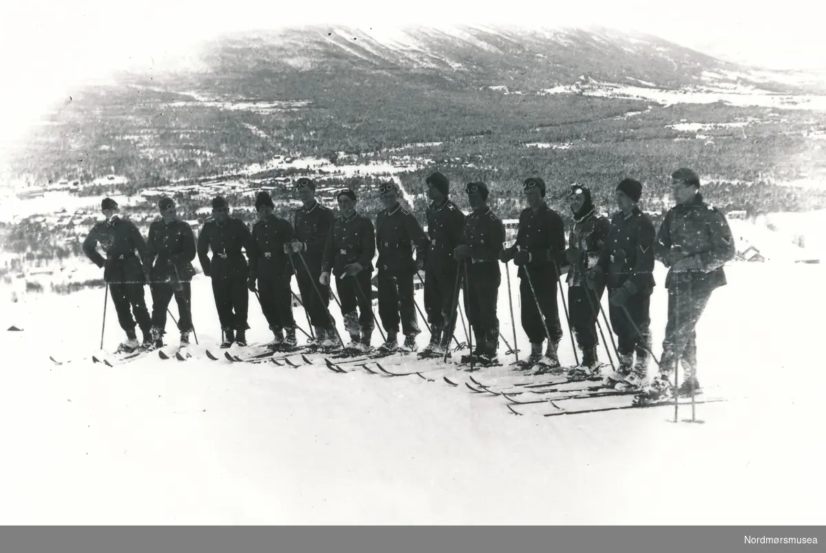 Soldater med ski på beina står i ei linje.