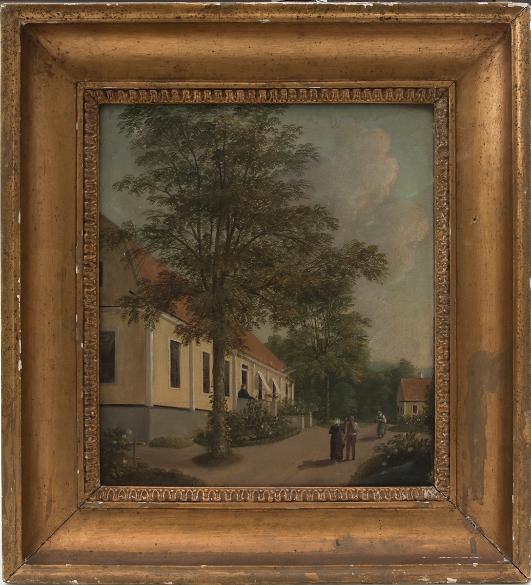 Byggnad, människor, trädgård