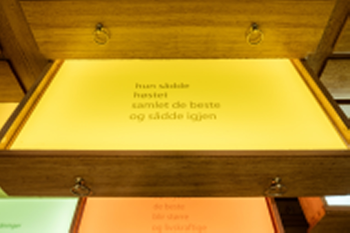 Hanne Tyrmi jobber innenfor et mangfold av skulpturelle uttrykk og teknikker. Verket "Frøfortellinger / Stories of Seeds" er et kunstnerisk og poetisk innspill i klimadebatten som føres innenfor ulike fagfelt på NMBU.

Tyrmi har tatt i bruk et fredet vitrineskap, et tidligere undervisningsskap, som utgangspunkt sin kunstneriske installasjon.10 av skuffene står åpne og er dekket av glassflater i monokrome farger hentet fra himmel, jord og hav. Platene ligger over skuffene som er lyssatt, og på hver av dem er det trykket en kort tekst. Tekstene er basert på samtaler Tyrmi har hatt med planteforsker og vekstgenetiker Roland von Bothmer, som bl.a. er involvert i arbeidet med Frøhvelvet på Svalbard, og på notater fra et seminar om Global Diversity i Longyearbyen. De 14 bronseskulpturer som ligger på glasshyller inne i skapet er individuelt utformet med utgangspunkt i frø fra ulike nyttevekster, som har vært og er viktige for folk i ulike deler av verden. Slik er de en påminnelse om et artsmangfold som er truet fra mange hold.