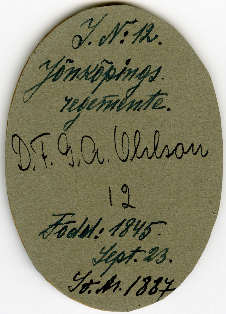 Porträtt av David Fabian Gustaf Adolf Ohlson, kapten vid Jönköpings regemente I 12.
Se även AMA.0008207, AMA.0008213, AMA.0008223, AMA.0009525 och AMA.0008228.

Gustaf Adolf Ohlson är känd som uppfinnare av olletröjan.
