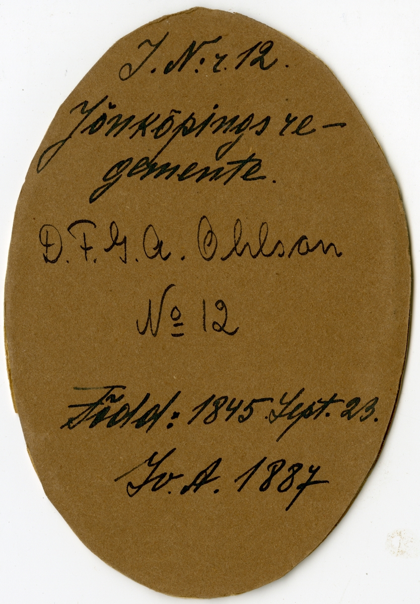 Porträtt av David Fabian Gustaf Adolf Ohlson, kapten vid Jönköpings regemente I 12.
Se även AMA.0008207, AMA.0008213, AMA.0008219, AMA.0009525 och AMA.0008228.

Gustaf Adolf Ohlson är känd som uppfinnare av olletröjan.