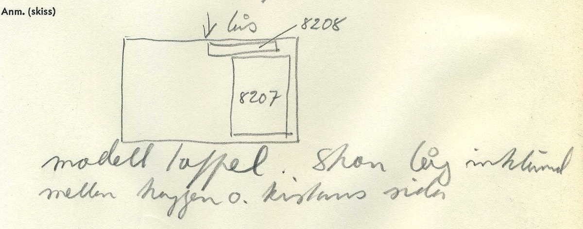 Dokumentation 1996:
Sko i form av en toffel. Skon saknar bakkappa och är monterad. Skon består av ett stycke ovanläder samt skobotten. På undersidan finns kvarsittande träpligg samt hål efter träpligg och stygn. Sulan består av flera skikt och är klädd med läder runtom längs kanten. Lädret är spaltat, fragmentariskt, sprött och fuktigt. Även ett 20-tal lösa fragment hör till fyndnumret.

Dokumentation 2022:
Ett par tofflor. Hör ihop med fyndnummer 08203. Tillverkade i läder. Den ena bars på den högra foten och den andra bars på den vänstra foten. Inga dekorationer. Yttersulan visar tecken på att bäraren supinerade. Det finns tecken på delaminering och ett flertal lagningar. 
För mer information, se Uppritning under Länkade filer.

Text in english:
This is one of a pair of  pantables made of leather, worn on the right and left foot, with no decorative features, it pairs with 08203. The outer sole shows signs of supination. There is the presence of delamination and multiple repairs.
For more information, go to Länkade filer: Uppritning