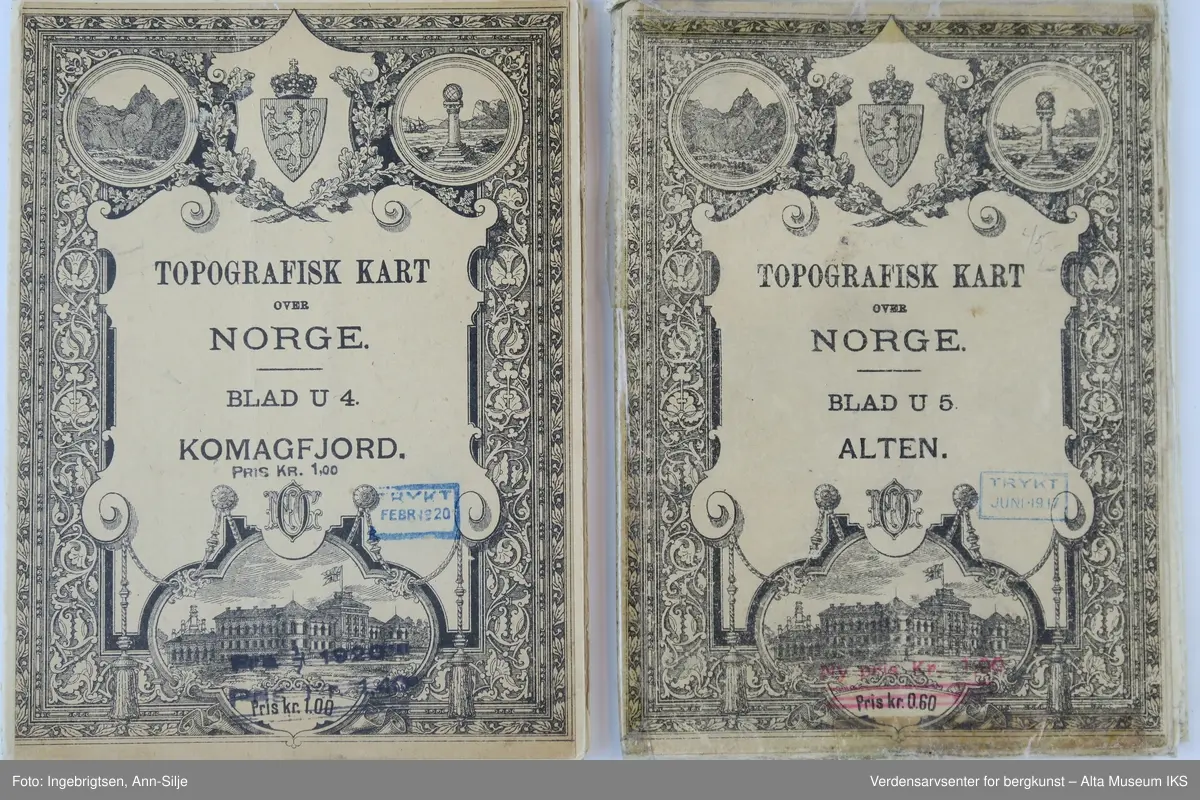 Gjenstand A: Sammenbrettet er det for- og bakside med informasjon. Utbrettet er det et kart over østre delen av Alta kommune og litt av den vestre og søndre delen av Kvalsund kommune (dagens kommunegrenser).

Gjenstand B: Sammenbrettet er det for- og bakside med informasjon. Utbrettet er det kart som viser sentral-Alta og området sørover mot Kautokeino.