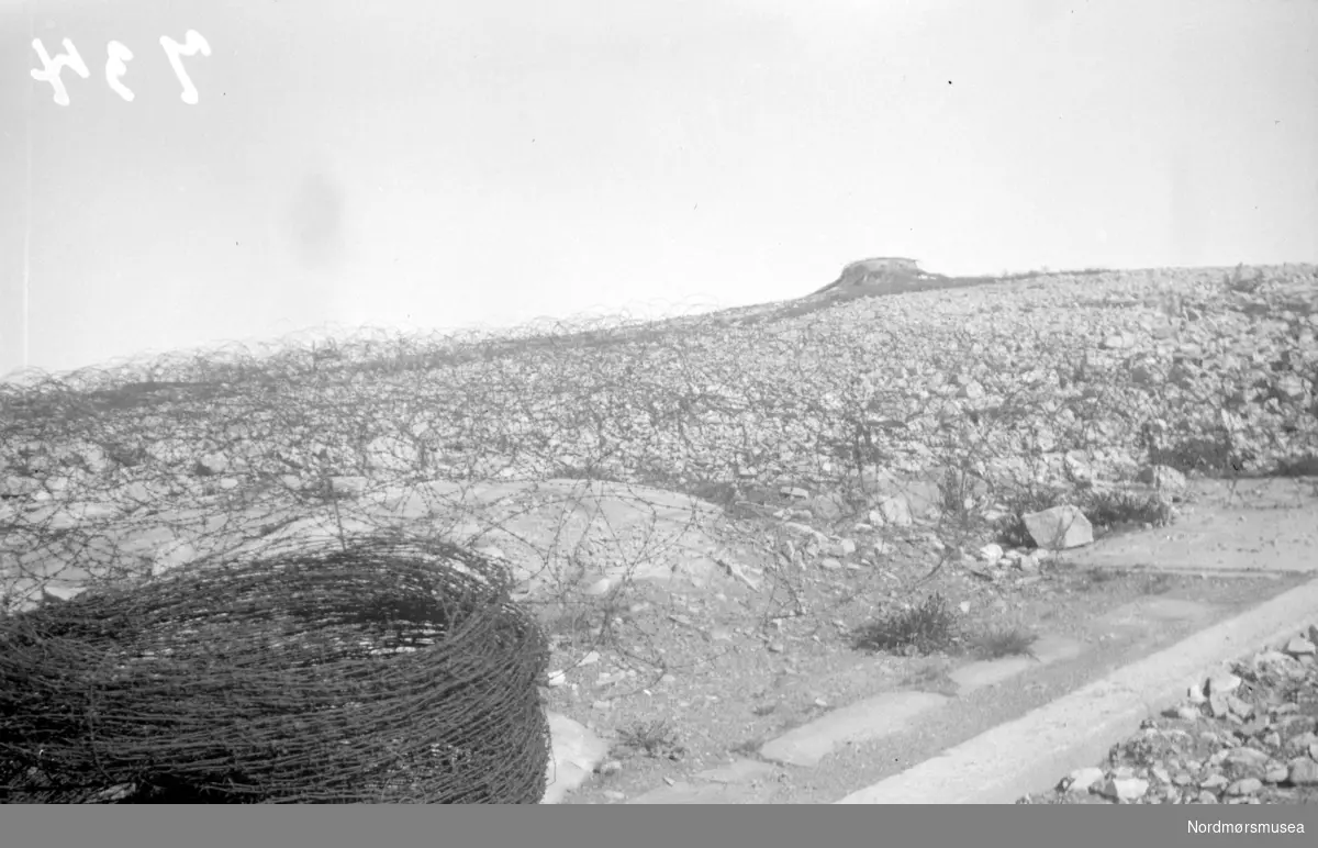 En kamuflert tyskerbunker i Hauggata, sett fra sydøst, med piggtråd i forgrunnen. Bildet er datert 20. mai 1945. Fra Nordmøre Museums fotosamlinger.