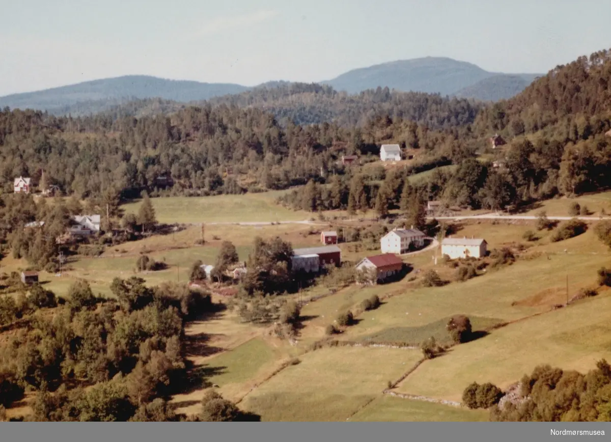 Flyfoto fra "Eikrem" på Øydegard i Tingvoll kommune. De to gårdene til høyre går under navnet "Halten". Lydia Eikrem bor på gården til høyre, mens Nils Eikrem bor til venstre. Nils bor der sammen med sin kone Åse, og barna Jon og Oddbjørg. Eikrem har navnet etter tresorten Eik, som ikke vokser lenger nord enn hit. Anna Eikrem er per 1992 kjent for sine malerier og sin storslåtte hage. Hun bor å¨"Knausen", som er det hvite huset til venstre. Bildet er datert 30. juli 1963, og fotograf er Widerøe's Flyveselskap a/s. Fra Nordmøre Museums fotosamlinger. 