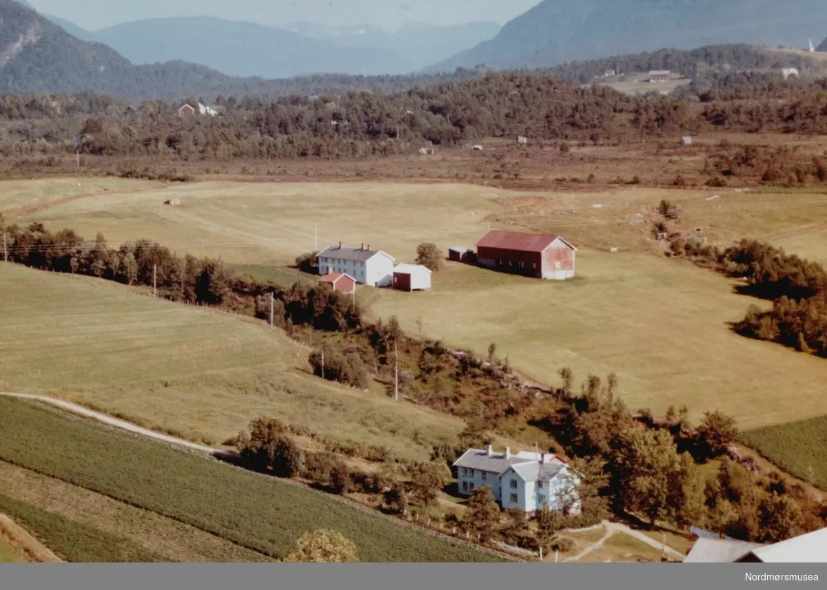 Flyfoto fra Tungen gård på Kvisvik i Tingvoll kommune. Eier Audun Kvisvik er gift med Borgny. Bakken (Bakkain?) gård ses til høyre. Bildet er datert 30. juli 1963, og fotograf er Widerøe's Flyveselskap a/s. Fra Nordmøre Museums fotosamlinger.
