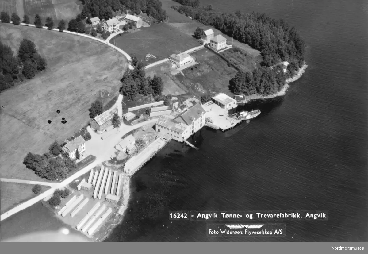 ";16242 - Angvik Tønne- og Trevarefabrikk, Angvik."; Foto fra Angvik tønne- og trevirkefabrikk i Angvik, Gjemnes kommune. Fotografert trolig 17. november 1950, av Widerøes flyveselskap. Fra Nordmøre museums fotosamlinger. Reg: EFR



