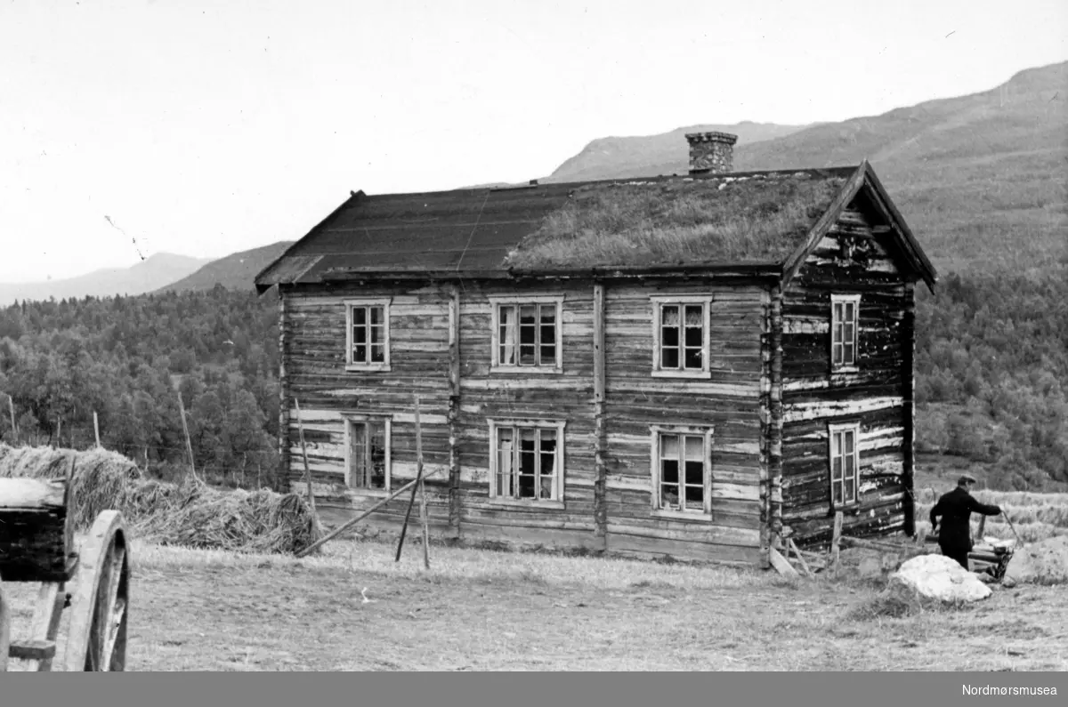 Foto av et eldre våningshus, med skogen i bakgrunnen. Utenfor huset ser vi en mann i arbeid. Det er ukjent hvem vi ser på bildet, samt hvor og når bildet er tatt. Bildet ble gitt til Nordmøre museum av Marit Hestvik/Nelly Rødsand (Skjervaveien) 5. september 1983, og kommer fra albumet Erindring 4-10-1906. Fra Nordmøre museums fotosamlinger.
