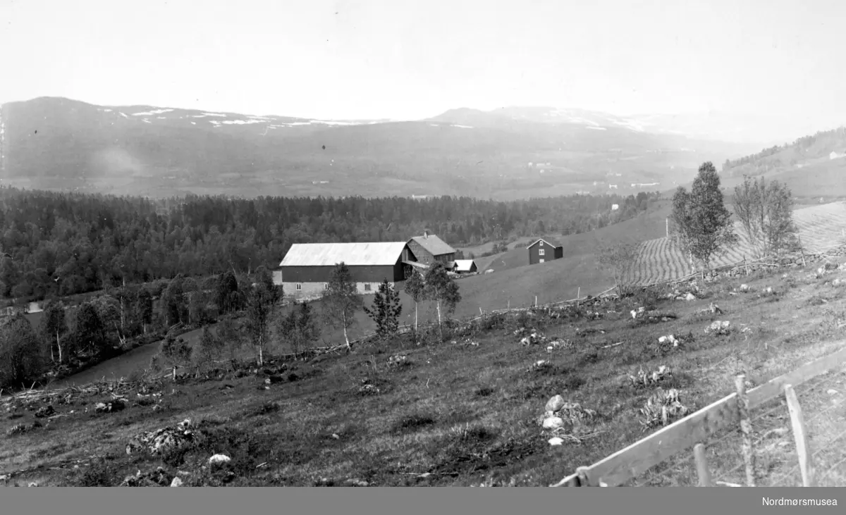 Parti fra et gårdsbruk i Lomundalen, Rindal kommune. I front ser vi en steinkledt slette, mens lenger i bakgrunnen ser vi pløyemark og gårdshus. Fotograf er sannsynligivs Georg Sverdrup, mens datering er mer usikker; trolig engang fra perioden 1930 til 1939. Fra Nordmøre Museums fotosamlinger. Reg: EFR
