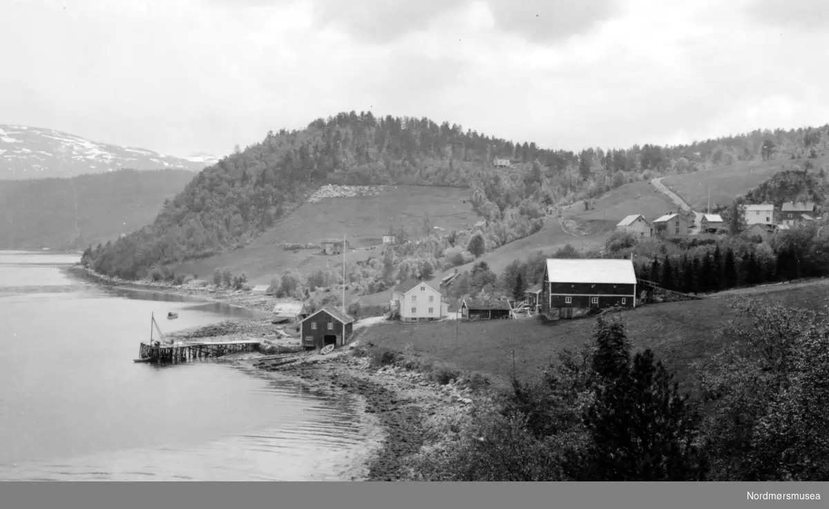 Parti fra bygda Rausand i Nesset kommune, hvor vi ser noe av bebyggelsen til høyre, samt kai og naust nede ved strandlinjen til venstre. Fotograf er Georg Sverdrup, og datering er 1936. Fra Nordmøre Museums fotosamlinger.  /Reg:EFR2013/
