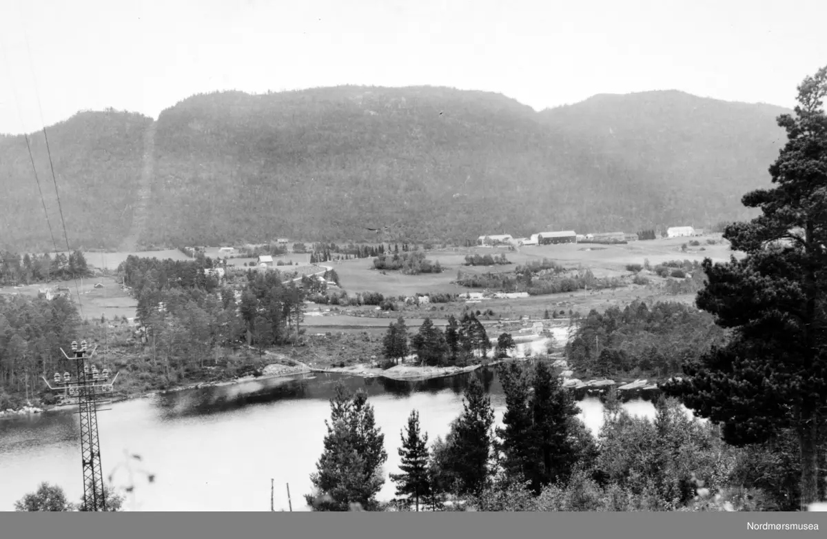 Parti fra Meisingset i Tingvoll kommune, hvor vi ser fra deler av bygda bak i bildet. Fotograf er sannsynligvis Georg Sverdrup, men datering er mer usikker; trolig engang mellom 1930 til 1939. Fra Nordmøre Museums fotosamlinger. /Reg:EFR2013/
