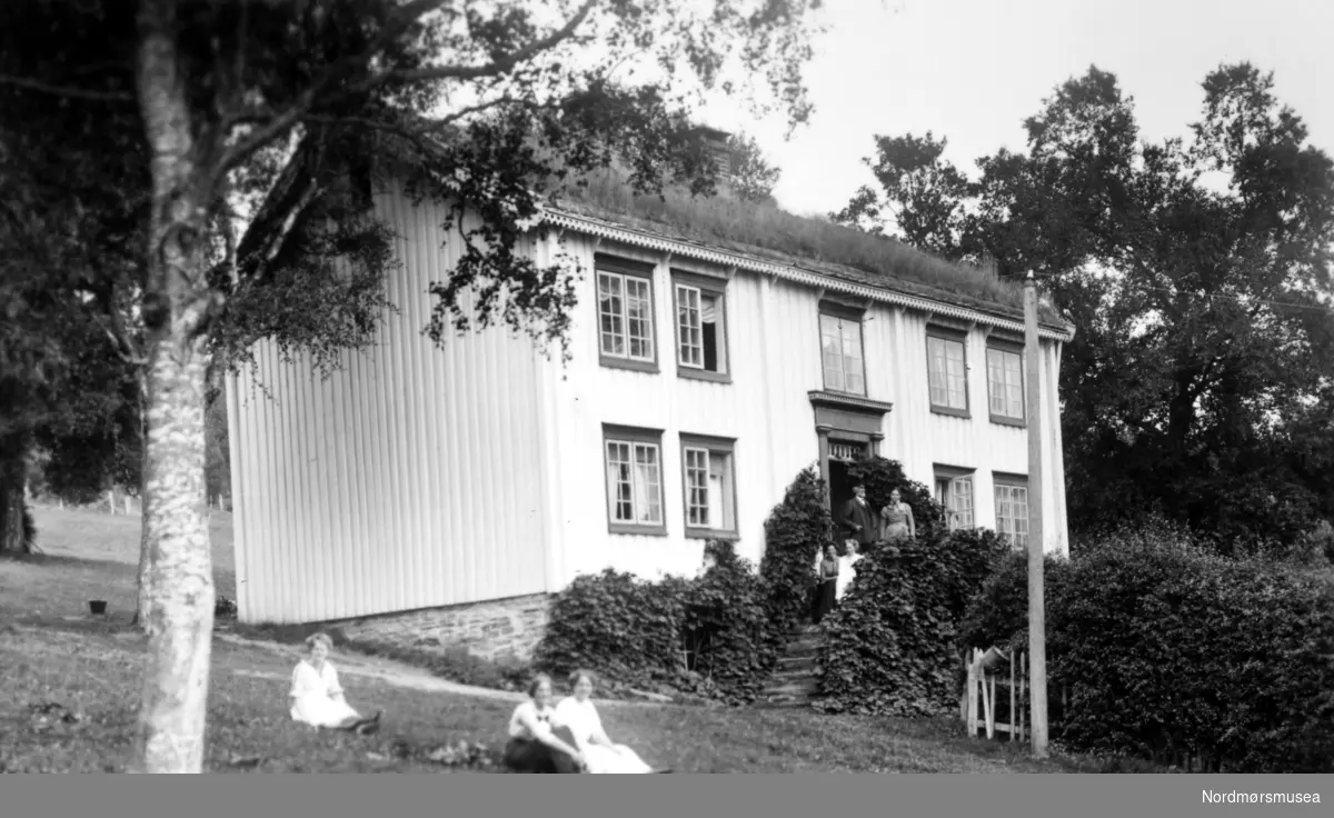 Foto fra Nesset lensmannsgård i Nesset kommune, hvor vi ser tre damer sittende på plenen, mens tre andre står i trappen sammen med en mann - muligens lensmannen?? Bildet er utgitt fra Marie Normans Efg. boghandel - senere Sverdrups bokhandel Datering er ukjent med trolig fra perioden 1900 til 1920. Fra Nordmøre Museums fotosamlinger.
