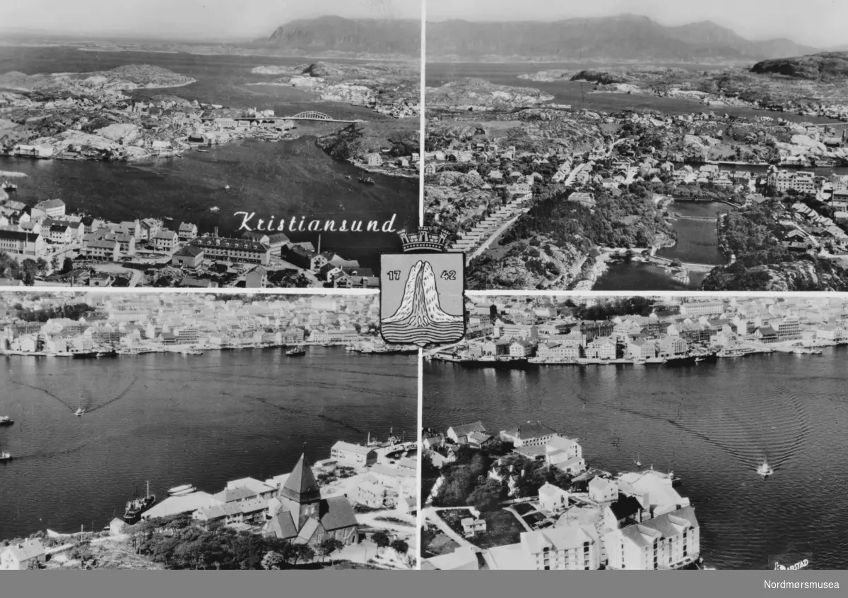 Postkort fra Kristiansund, hvor vi ser bilder fra byen. Byvåpen med tre tårn. Sørsundbrua, Vuggaveien, brygger på Innlandet. Datering er ukjent, men trolig mellom 1950 til 1965. Fra Nordmøre Museums fotosamlinger.
