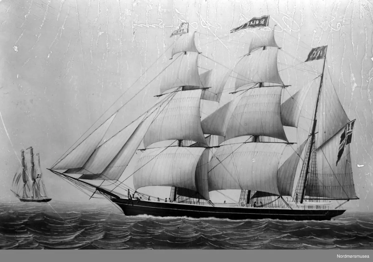Tegning/maleri av seilskute med seilføring. St. Olaf (Fra Nordmøre Museums fotosamling)
