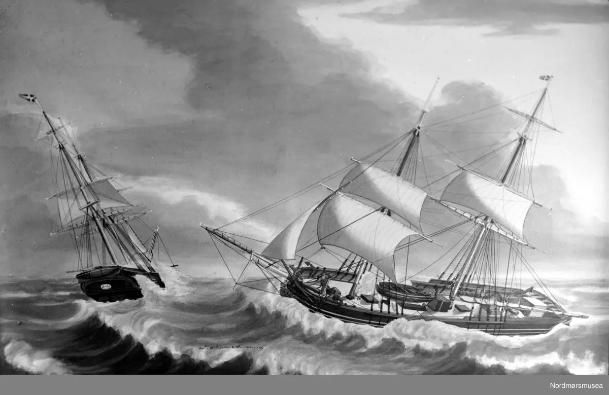 Tegning/maleri av seilskuter med seilføring(Fra Nordmøre Museums fotosamling)
