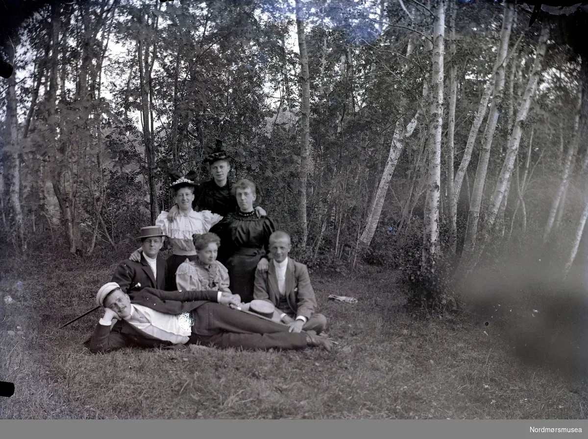 Gruppefoto av 7 kvinner og menn
ute i et skogholt. Muligens ved Retiro i Molde?
De fleste av de avbildede kommer fra Johnsenfamilien i Kristiansund, og er barn etter Christian Johnsen og Jensine Wilhelmine Johnsen. Blant annet ser vi Birgitte Hilmara Johnsen alene på bakerste rad, med de
 to foran er muligens Anna Marie Johnsen og ";Hanken"; Johanne Johnsen. Hvem vi ser på tredje rekke er ennå mer usikkert, men kvinnen i midten kan muligens være Gurine Malene Tuene (f.1870 - d. 1936) og var gift med Per Louis Johnsen (f. 1855 - 1913) som vi trolig ser på fremste rad. Fra Nordmøre museums fotosamlinger.
