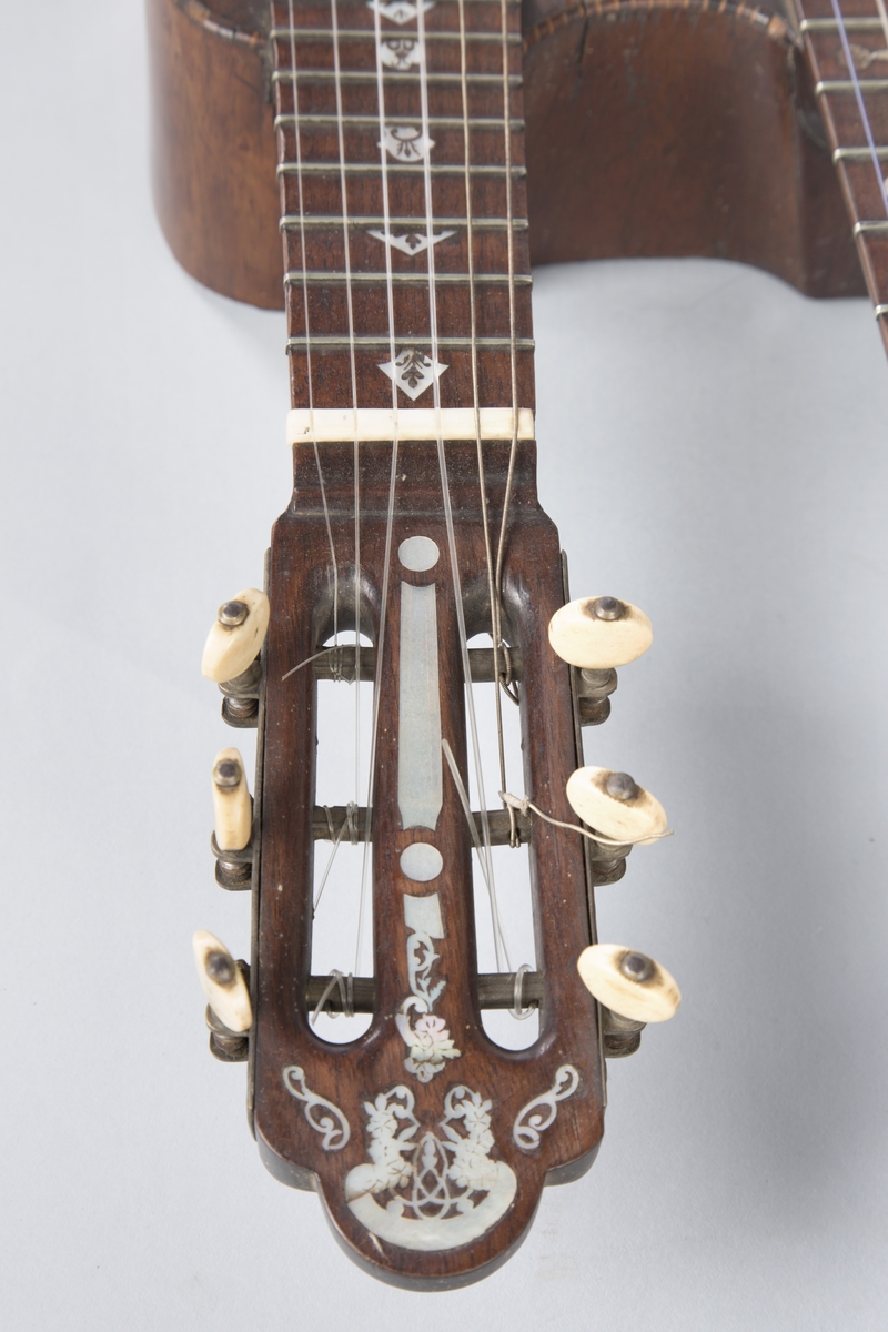 Trippelgitar, 3 halser. Lokk av gran, består av 3 deler, bunn og sarg muligens en sort mahogny. Den lengste halsen fortsetter øverst ut i en ny resonanskasse, hvis overside tjener som skruekasse for den mellomste halsen. Her er også et lydhull. En ekstra resonanseffekt oppstår ved at strengene som løper over denne resonanskassedelen under spillet svinger med. Instrumentet er utsmykket med rike perlemosrsforsiringer, delvis stekt fargede. Ornamentene er dels svært enkle og dels meget delikate blomstermønstre. Hovedlydhullet er omgitt av en 4 cm. bred krans av geometrisk intarsia, som kan minne om maurisk stil. Instrumentet har i alt 4 lydhull og 3 adskilte strengestoler. Den lengste halsen har 7 frittsvingende bass-strenger de to andre hver 6 strenger og 13 tverrbånd av metall. Runde skruehoder av elfenben. Likeså oversadler og strengestoler av elfenben.
Usignert.