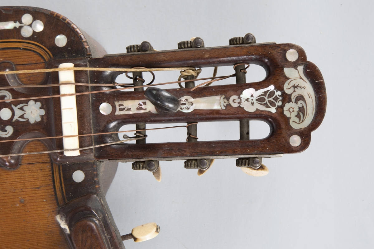 Trippelgitar, 3 halser. Lokk av gran, består av 3 deler, bunn og sarg muligens en sort mahogny. Den lengste halsen fortsetter øverst ut i en ny resonanskasse, hvis overside tjener som skruekasse for den mellomste halsen. Her er også et lydhull. En ekstra resonanseffekt oppstår ved at strengene som løper over denne resonanskassedelen under spillet svinger med. Instrumentet er utsmykket med rike perlemosrsforsiringer, delvis stekt fargede. Ornamentene er dels svært enkle og dels meget delikate blomstermønstre. Hovedlydhullet er omgitt av en 4 cm. bred krans av geometrisk intarsia, som kan minne om maurisk stil. Instrumentet har i alt 4 lydhull og 3 adskilte strengestoler. Den lengste halsen har 7 frittsvingende bass-strenger de to andre hver 6 strenger og 13 tverrbånd av metall. Runde skruehoder av elfenben. Likeså oversadler og strengestoler av elfenben.
Usignert.