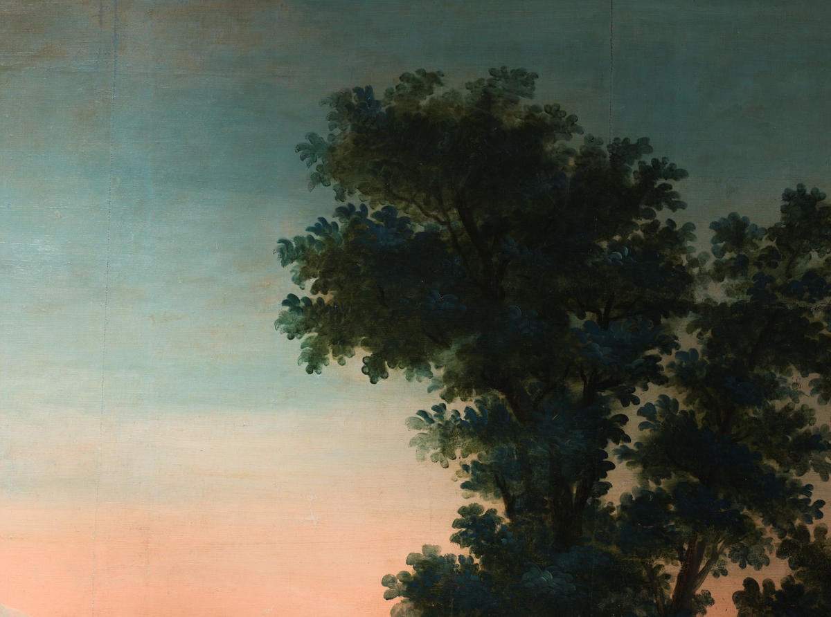 Maleriet framstiller et idealisert landskap, trolig i Italia. I forgrunnen til venstre en stor ruin av et romersk tempel med små staffasjefigurer som vandrer rundt. Til høyre for dette et stort tre og lengst til høyre et enda høyere tre. De to trærne innrammer et rolig landskap i mellomgrunnen og et fjell med to markerte topper samt et havneparti i bakgrunnen. I forgrunnen for øvrig en elv og en mur med en bro til høyre samt to grupper med staffasjefigurer – til venstre to kvinner som vasker tøy, til høyre en gjeter med sauer. I mellomgrunnen ytterligere fire staffasjefigurer fordelt på to grupper med to personer i hver.